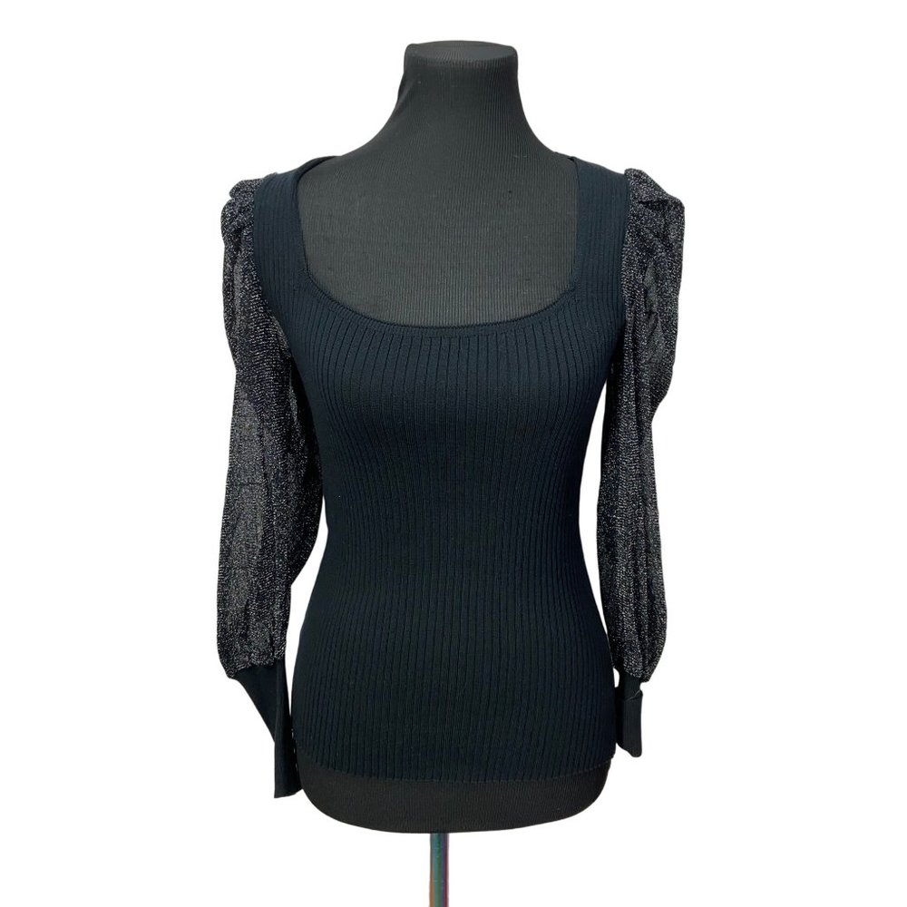 Questions Black Ribbed‎ Metallic Mesh Long Sleeve Size Medium Women's Blouse